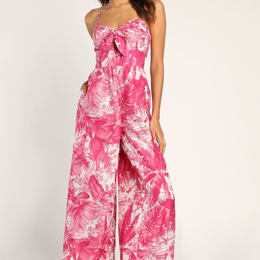 Lulus Blissful In Bali Pink Tropical Print Tie-front Jumpsuit - Size XL